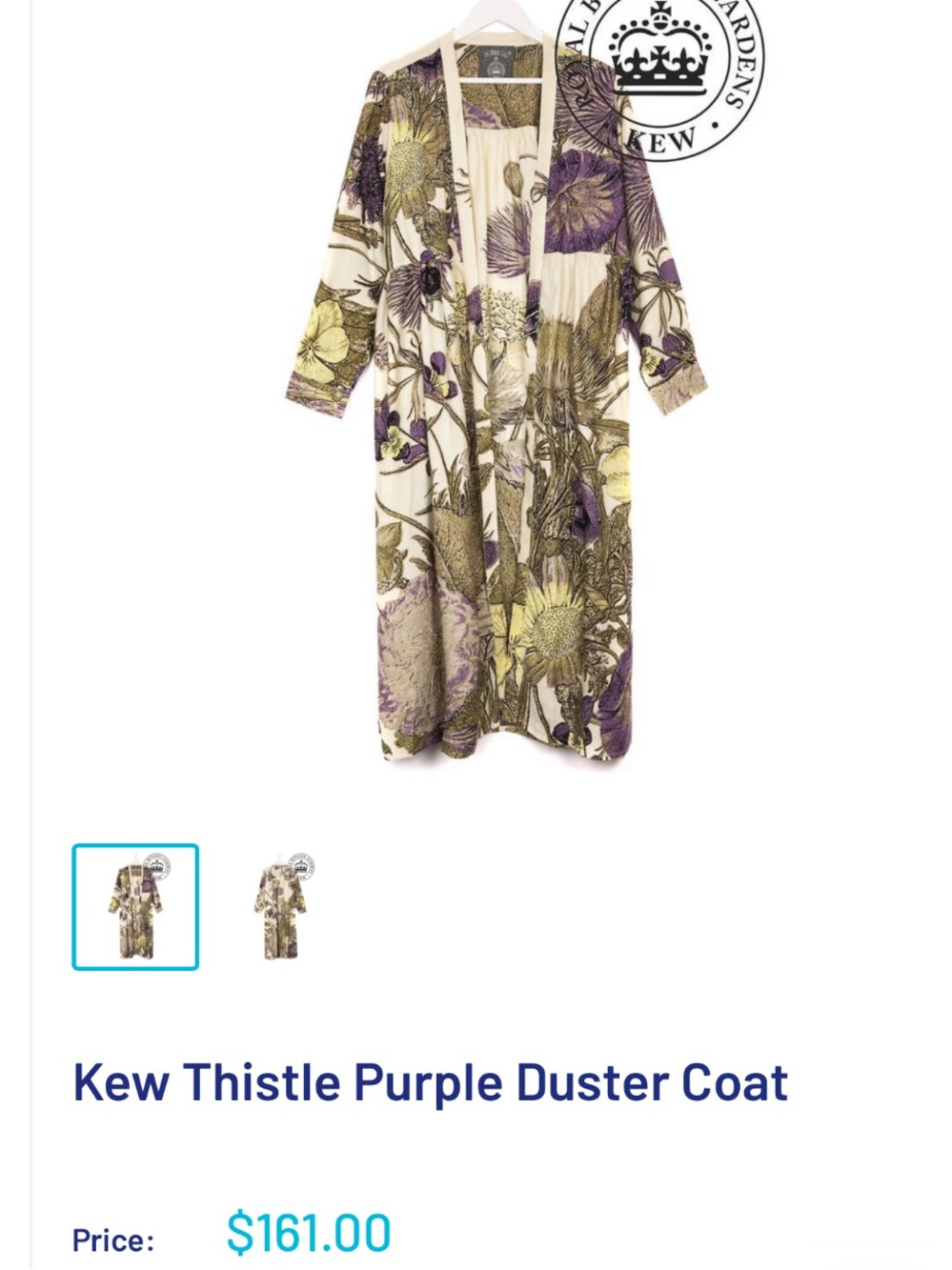 One Hundred Stars Royal Botanic Gardens Kew Thistle Purple Floral Duster Coat